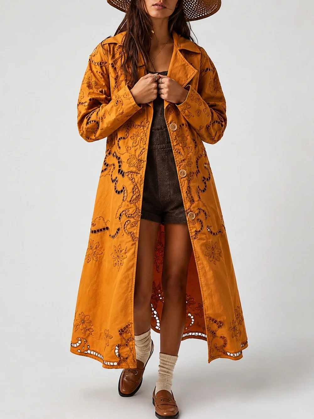 Free People Ochre Cutwork Long Trench Coat